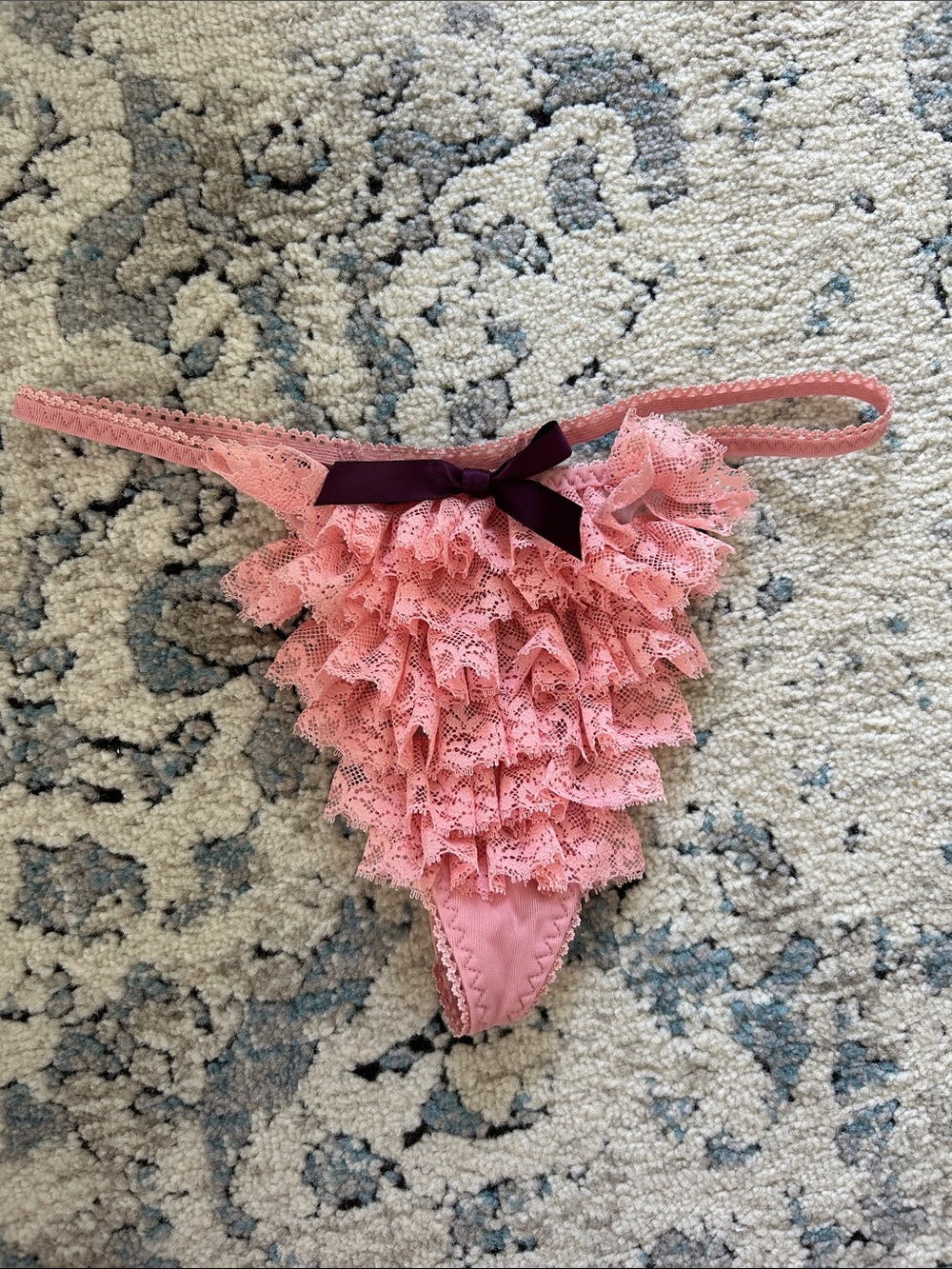 Victoria's Secret Pink Ruffled Lace Thong with Dark Bow